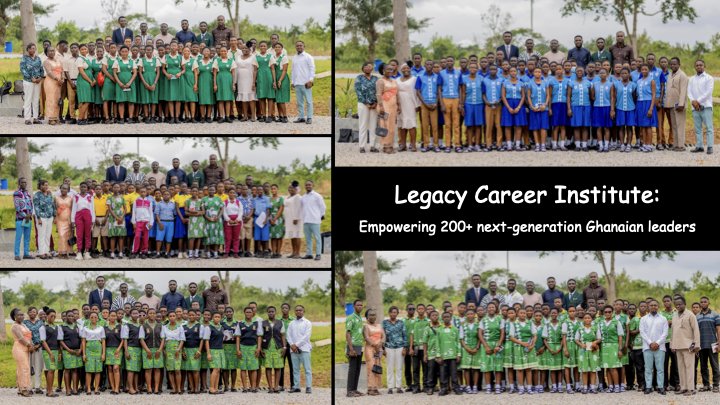 Group photos of students and teachers from the Legacy Career Institute, with groups wearing blue, green, and patterned uniforms, alongside a black slide with white text highlighting empowering Ghanaian leaders.