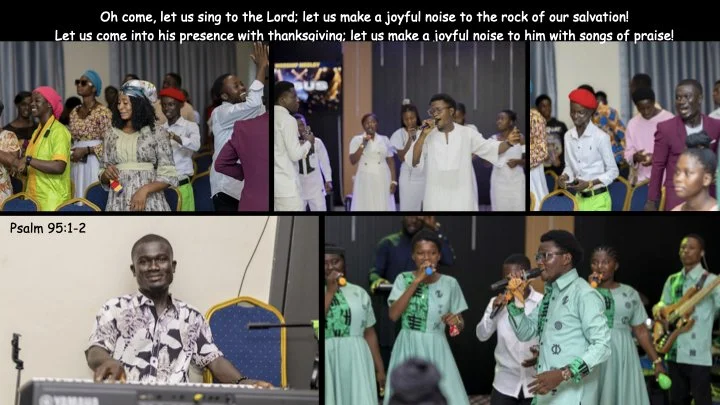 Church congregation singing and praising, with a choir and musicians performing on stage.