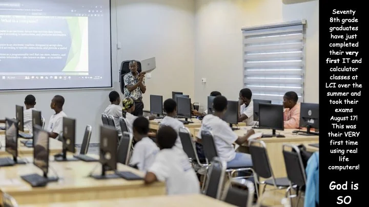 A classroom with students sitting at computers while a teacher teaches at the front. Instructional presentation displayed on a screen. Text overlay about 8th grade graduates completing IT and calculator classes at LCI.