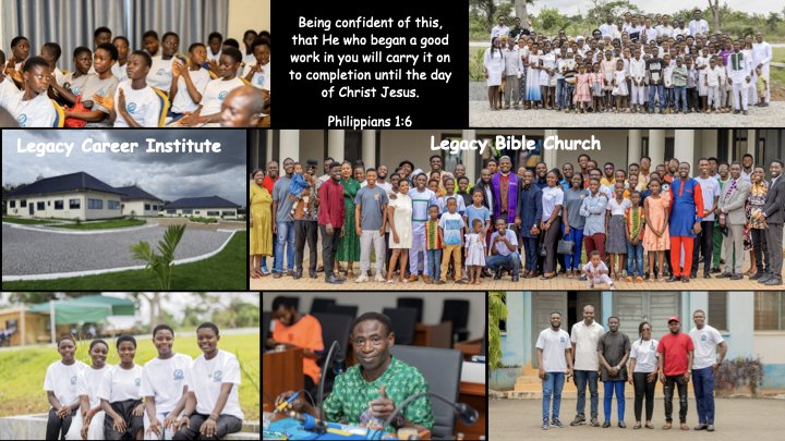 Collage of photos featuring diverse groups of people, including children, adults, and families. One photo includes a Bible verse from Philippians 1:6. There is an image of a church building labeled 'Legacy Bible Church,' and another of a modern building labeled 'Legacy Career Institute.' Portraits include smiling individuals, some seated at computers, others standing outdoors or in group settings.