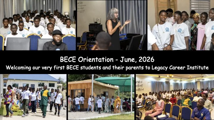 Group of students and parents at BECE orientation event in June 2026, with a woman speaking to an audience, and scenes of students arriving and gathering at the venue.