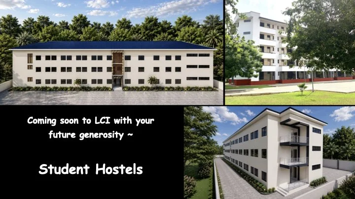 Promotion for upcoming student hostels at LCI, featuring three digital renderings of modern, white hostel buildings with multiple floors, surrounded by greenery, and a welcome message.