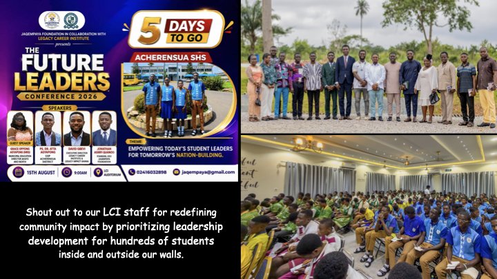 Collage of four photos from the Future Leaders Conference 2026, featuring a poster with event details, a group photo of men in formal and casual attire outdoors, a large indoor gathering of students wearing colorful uniforms, and a message praising the LCI staff for leadership development.
