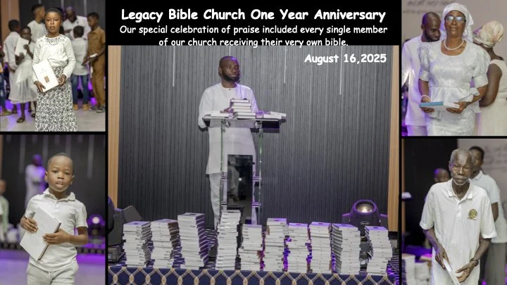 A collage of people at a church anniversary celebration with a central image of a man in white standing behind a pulpit with stacks of Bibles in front of him. Surrounding images show children and adults dressed in white, holding Bibles, at the event. The event celebrates the first anniversary of Legacy Bible Church on August 16, 2025.