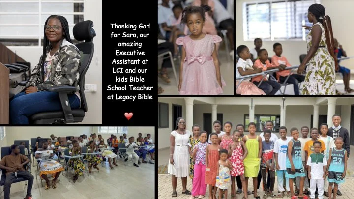 A collage of four images. The top left shows a woman sitting in an office chair, smiling at the camera. The top center shows a young girl in a pink dress standing in a room with people seated behind her. The top right shows a girl speaking to a group of seated children in a classroom. The bottom image shows a group of children and adults posing outside a building.