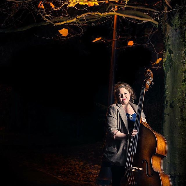 Sophie, our #bassist, with her snazzy #homemade #OOTD. #music #jazzmusic #bass #model #beautifullight #nighttime #autumn #autumnleaves #tree #orange #canal #functionband #weddingband #portrait #shotoftheday