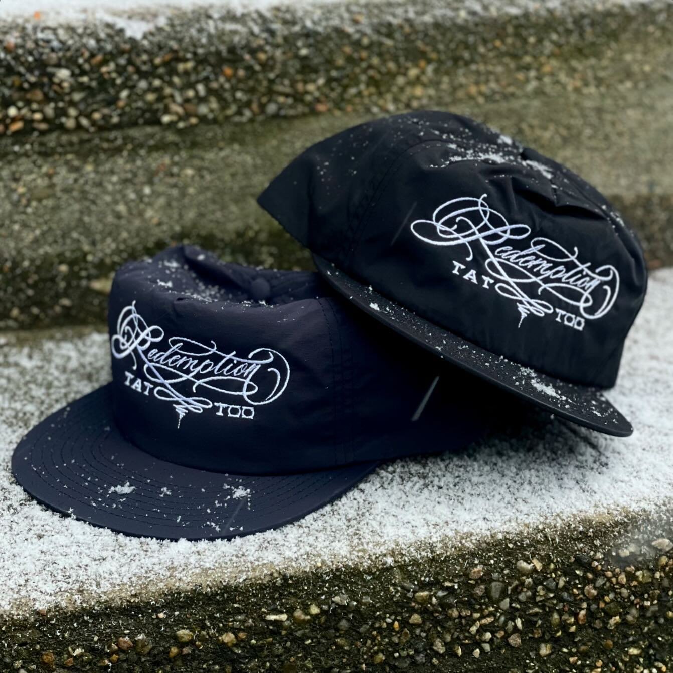 🧊🧊🧊🧊HATS🧊🧊🧊🧊Embroidered nylon caps in navy &amp; black. Available in person @redemptiontattoo (＄35) or shipped (＄40). For shipping please Venm0 me (@ okates) with your address and email &amp; hat color preference.

Many many thanks to @edgeme