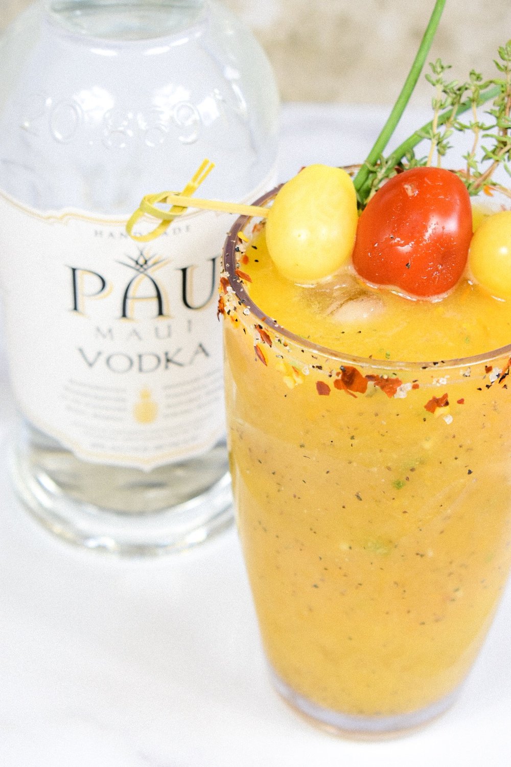  a yellow heirloom tomato bloody mayr made with vodka 