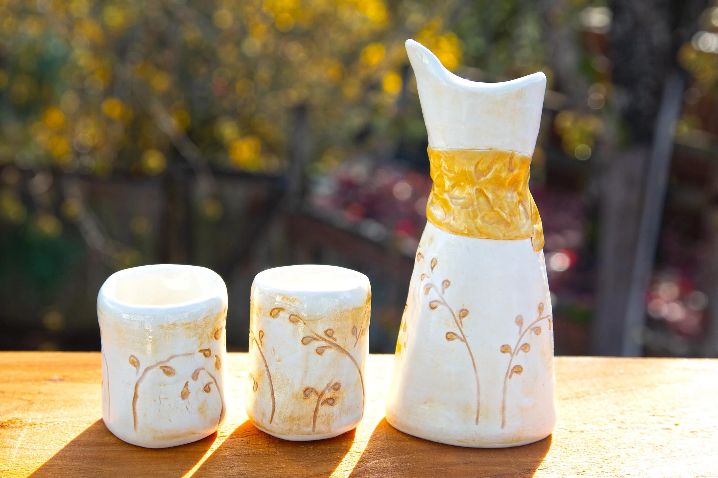 Ceramic Sake Bottle with 2 Sake Cups - Rebecca Gerendasy Clay - Art