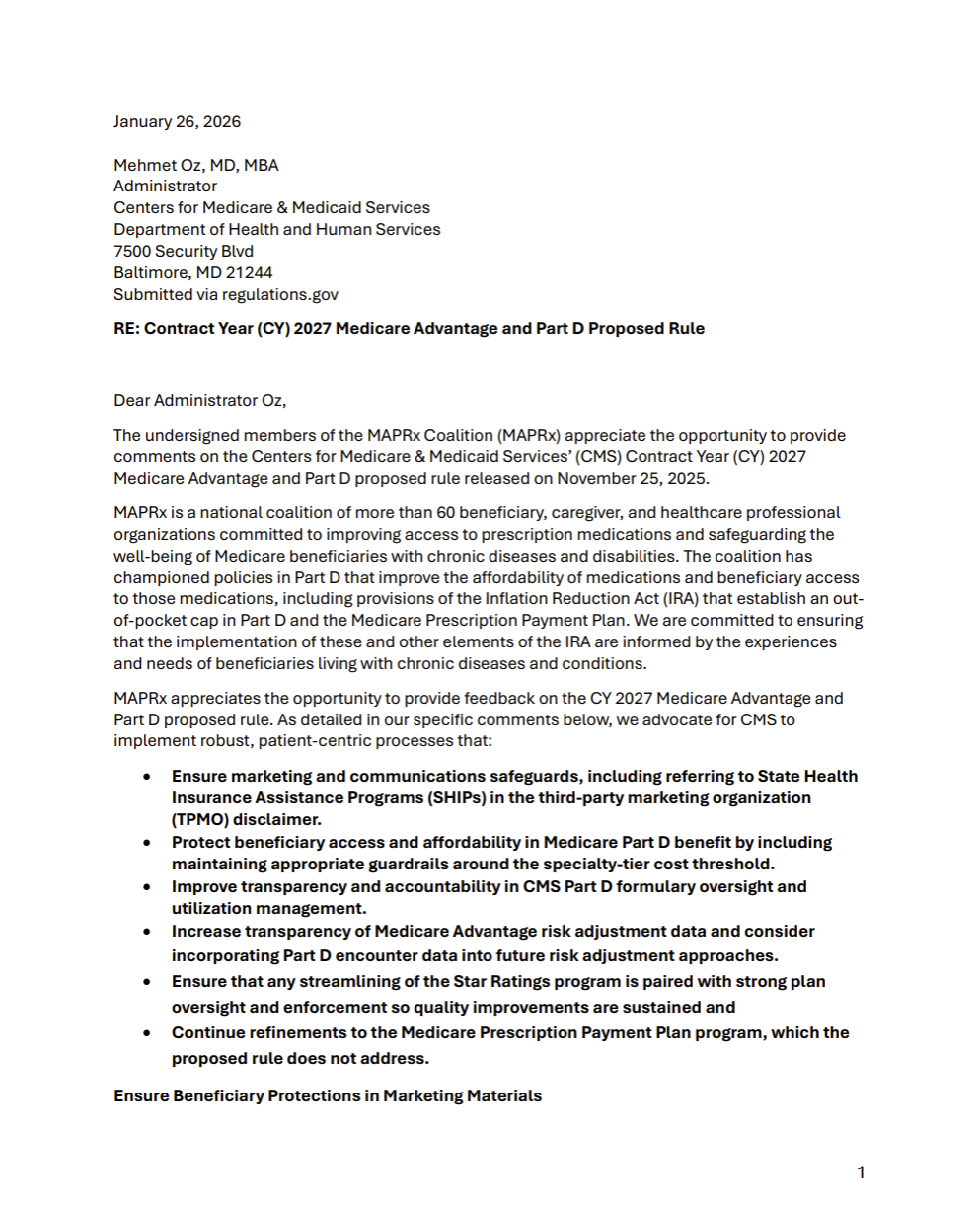 MAPRx Coalition CY2027 Medicare Advantage and Part D Proposed Rule Comment Letter Sign On 