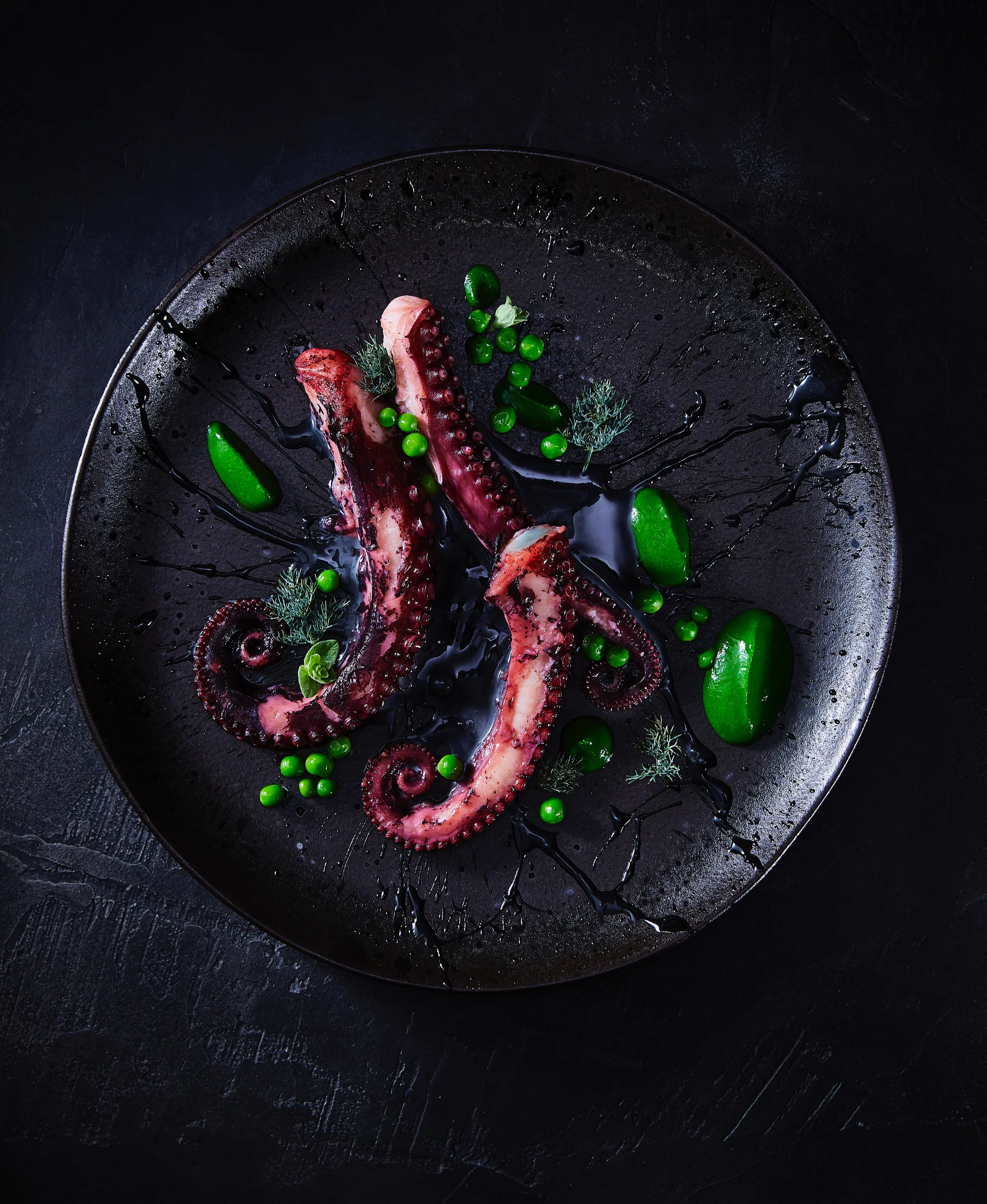 Octopus, peas, ink puree - Test shoot