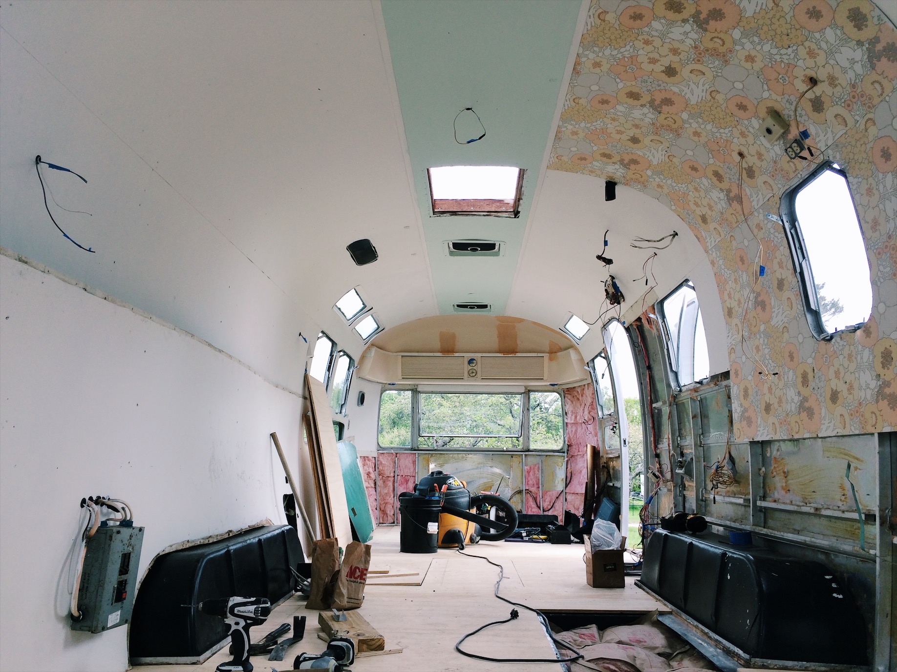 Cilla with the floor almost entirely in! I had to leave her in this state and will finish up the insulation and floor on June 10. 