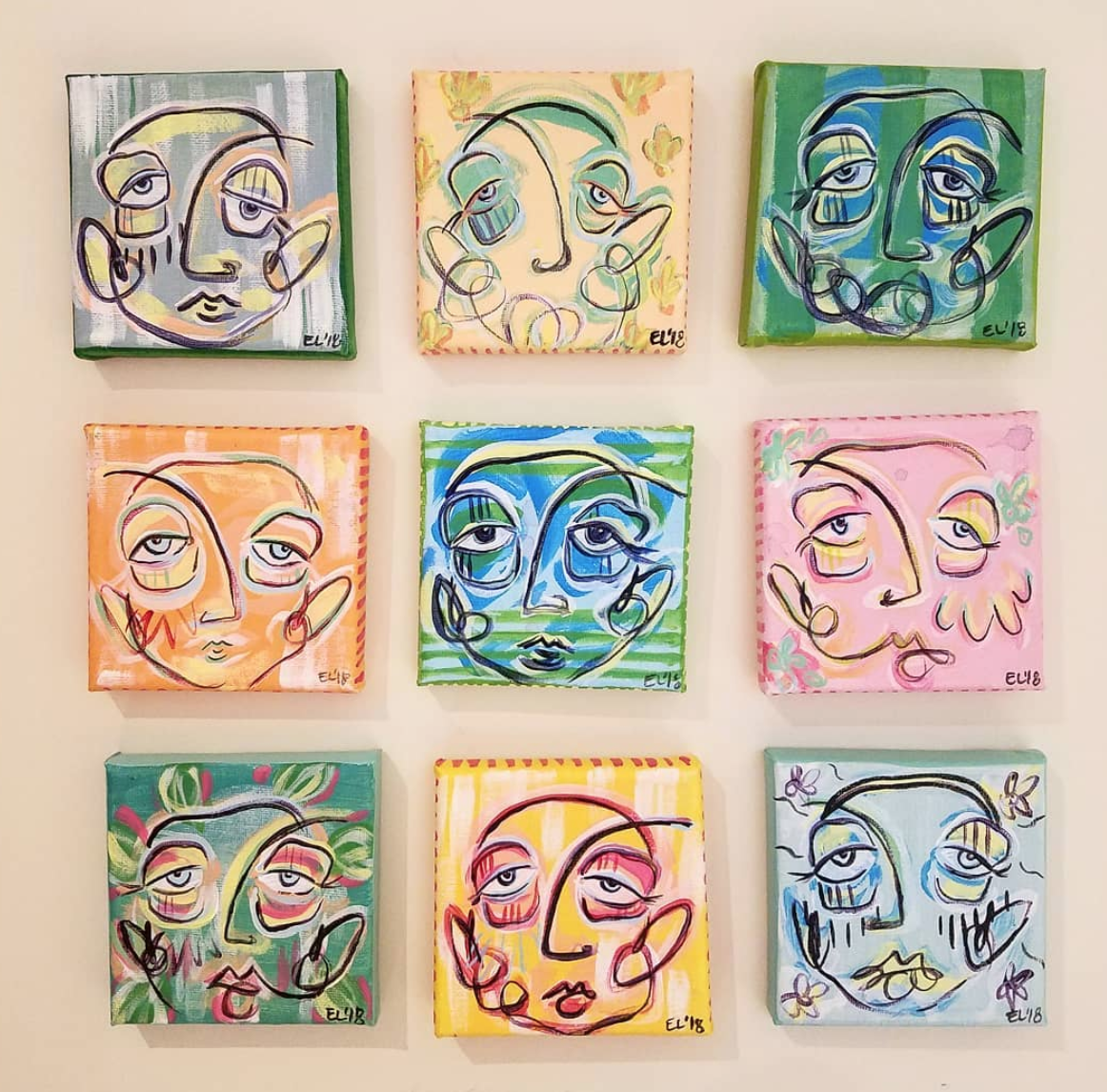 (left to right) Dave, Dorie, Barley, Henry, Bowie, Maisie, Addie, Davy, Jess, 4x4” Acrylic paint on canvas 2018