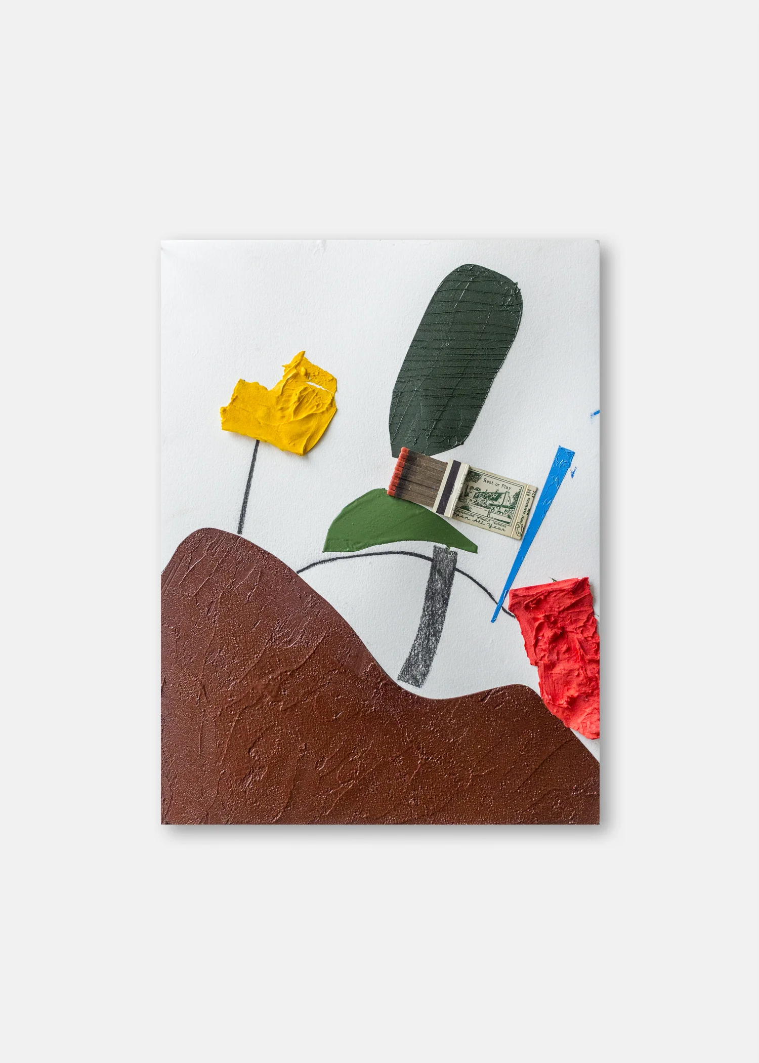 Untitled Pigment, charcoal, collaged paper, matches & acrylic and dyed cotton on cold pressed paper 300 gsm 41 x 31 cm 16 x 12 in