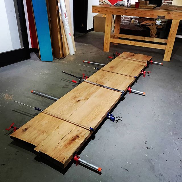 These table tops are (literally) coming together. #reverseorder #diyoung #woodworking #brooklyn #oak