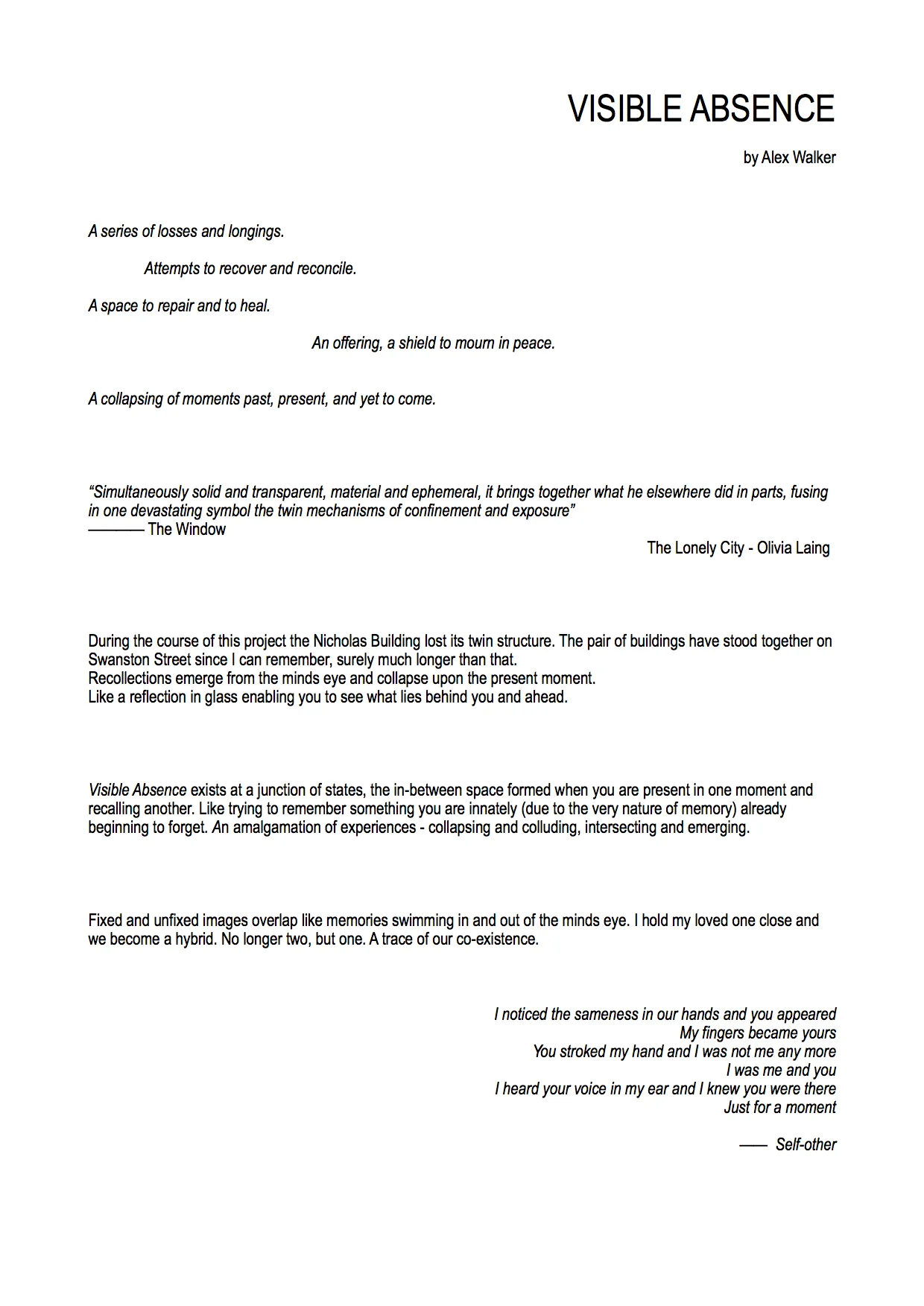 Accompanying text for Visible Absence at BLINDSIDE, August 2018.