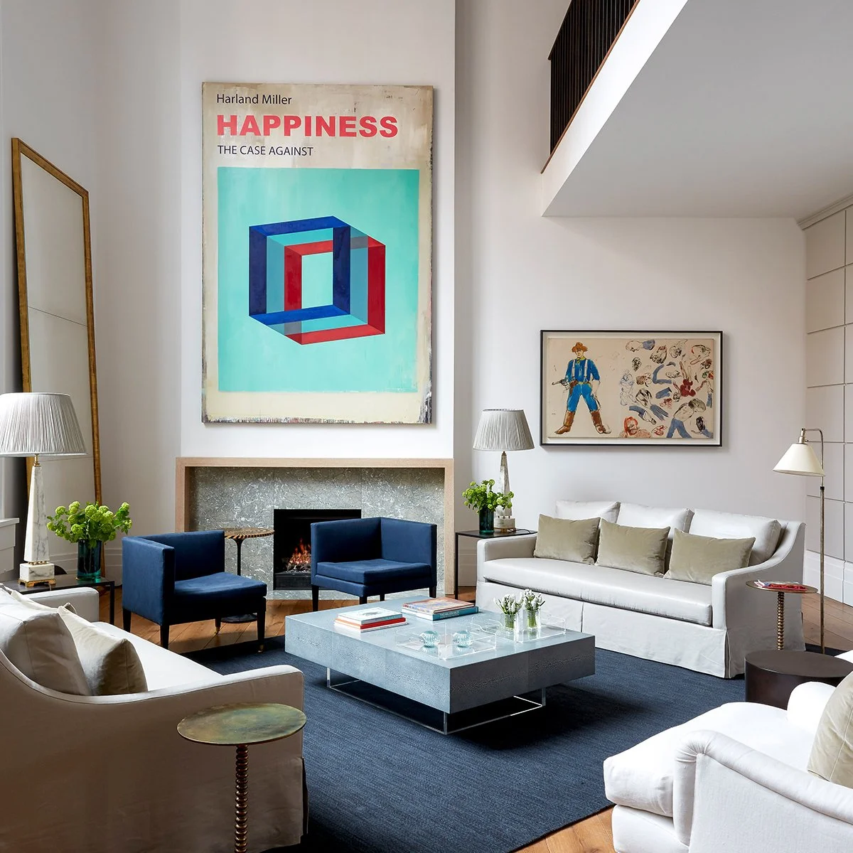 Double-height living room with mezzanine library in Chelsea townhouse renovation