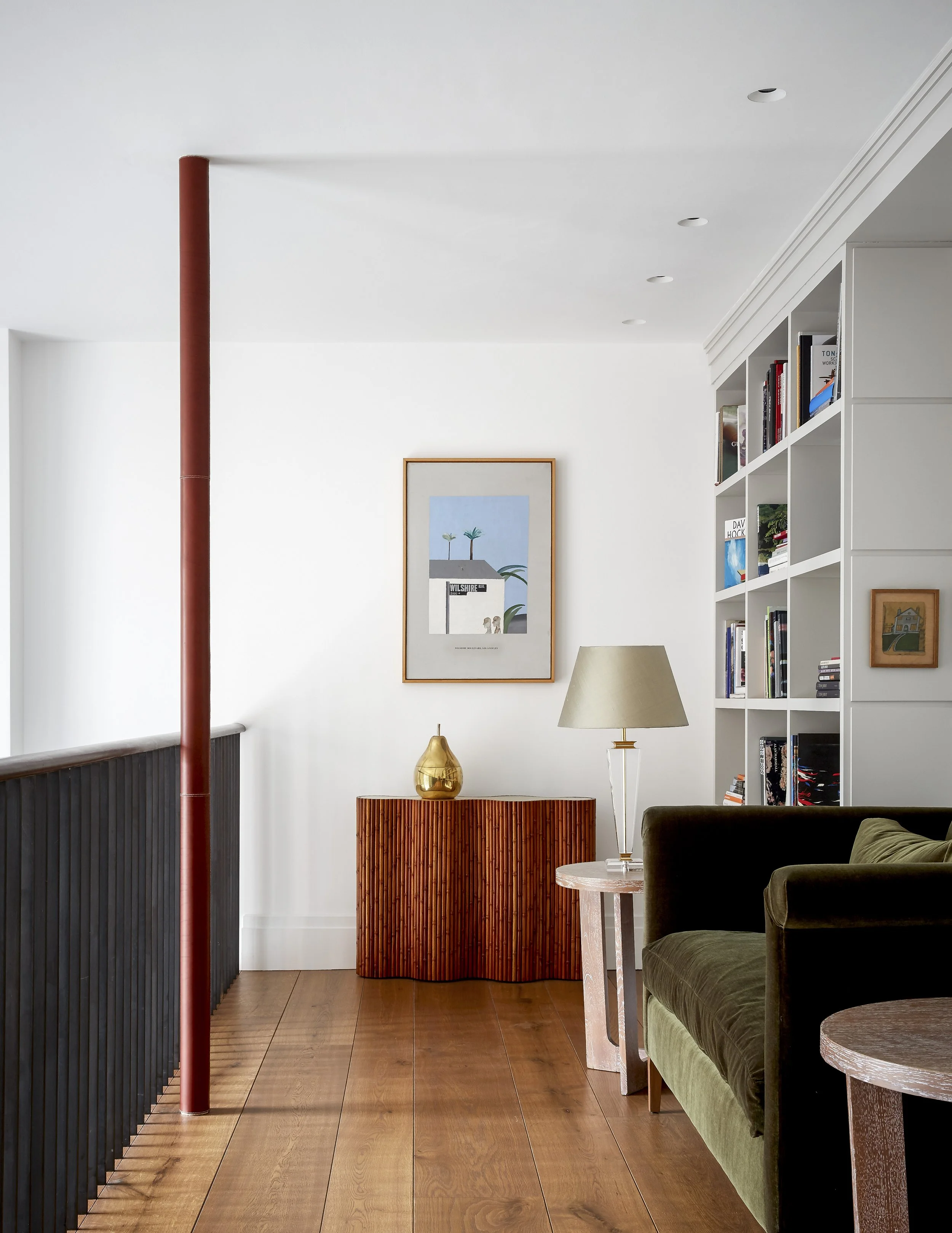 Interior detail with hand-stitched leather and bespoke finishes in Chelsea home