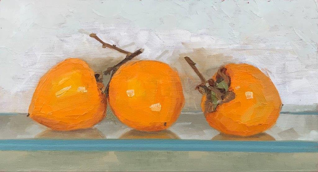 2020's Last Persimmons 3, 26 x 14cm, Oil on Board, Caroline Johnson, $150