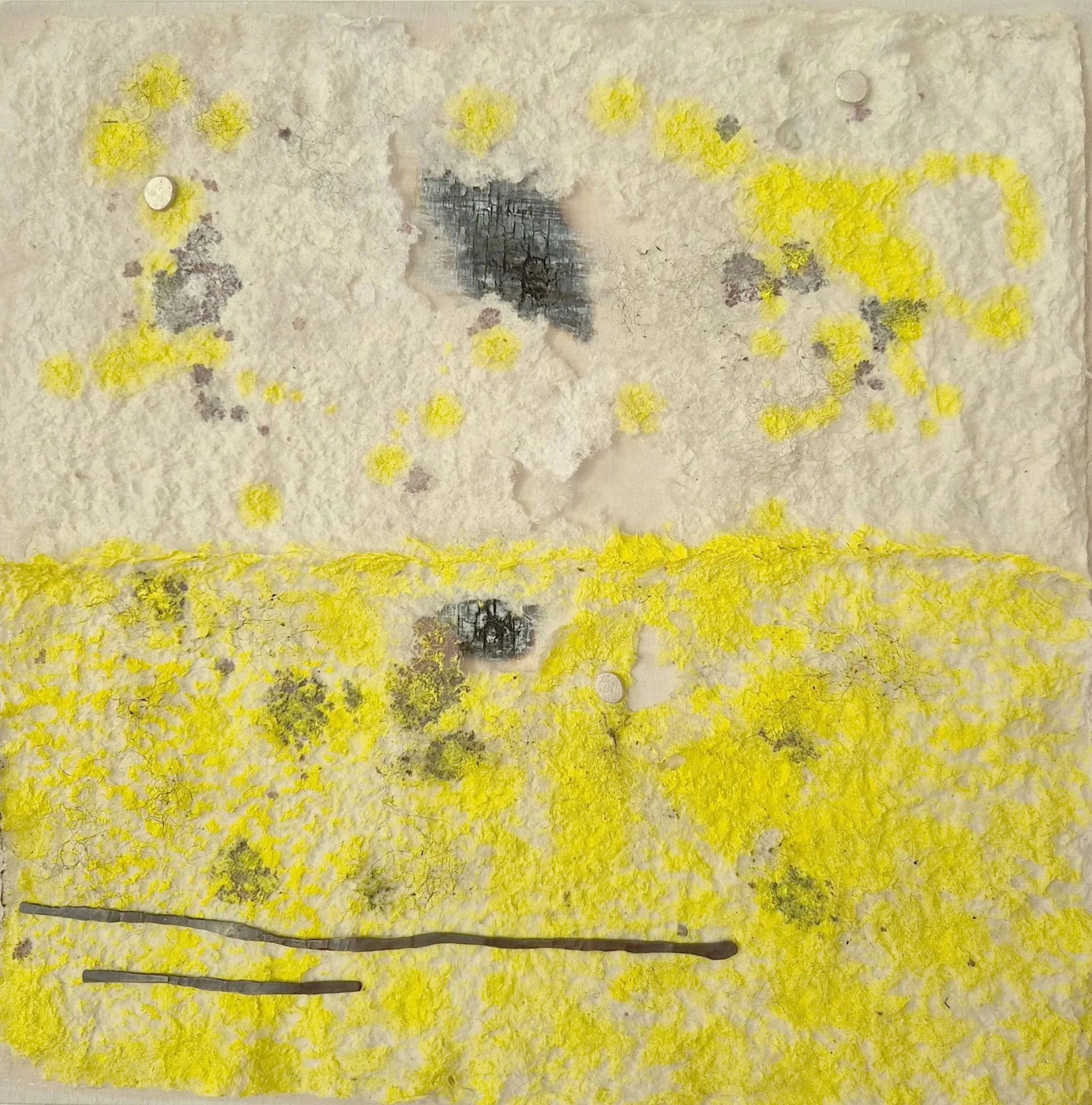 FRAGMENTS OF A FAIRYTALE NO.2 handmade paper, organic wool, blackened copper, silver, oil paint. Mounted on wooden board, 30x30cm, Anja Jagsch, $450