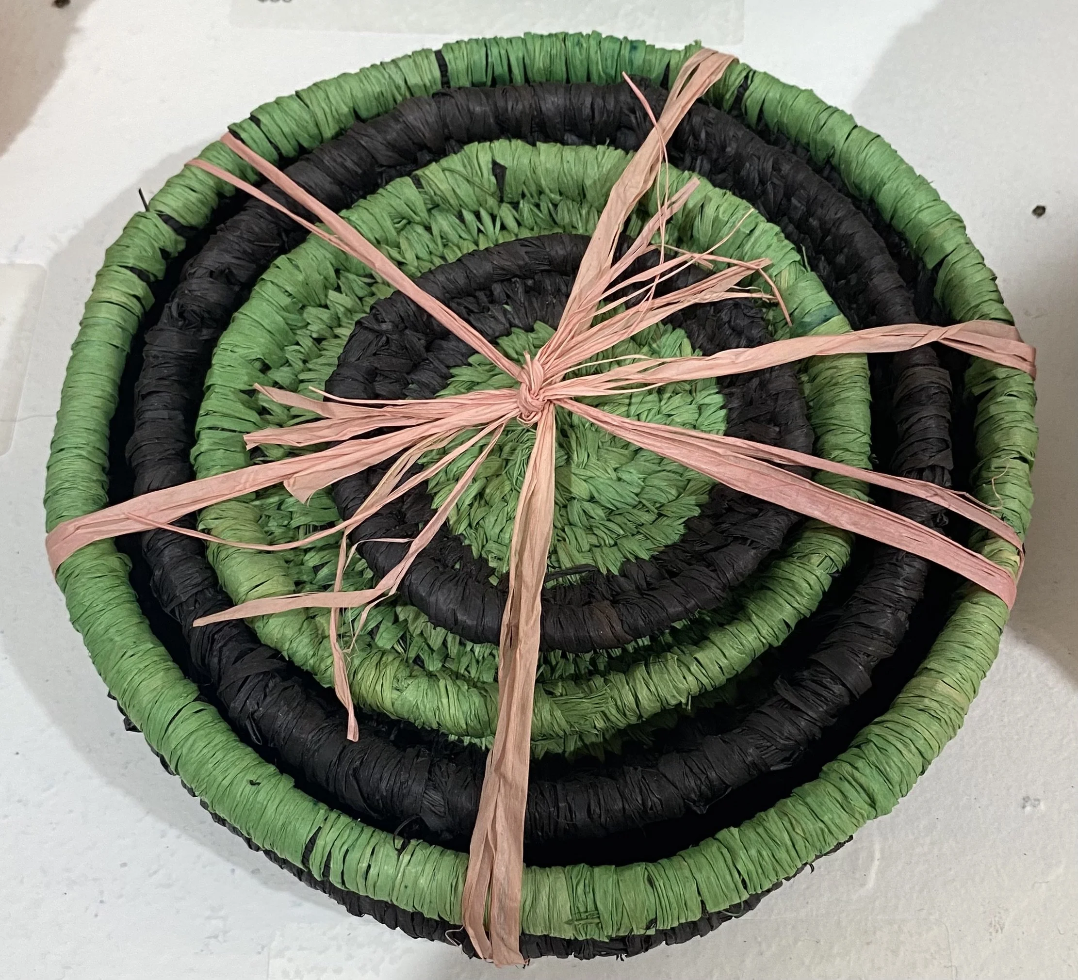  GREEN AND BLACK BASKET NEST X4     Raffia    Cathryn Charnock  $60