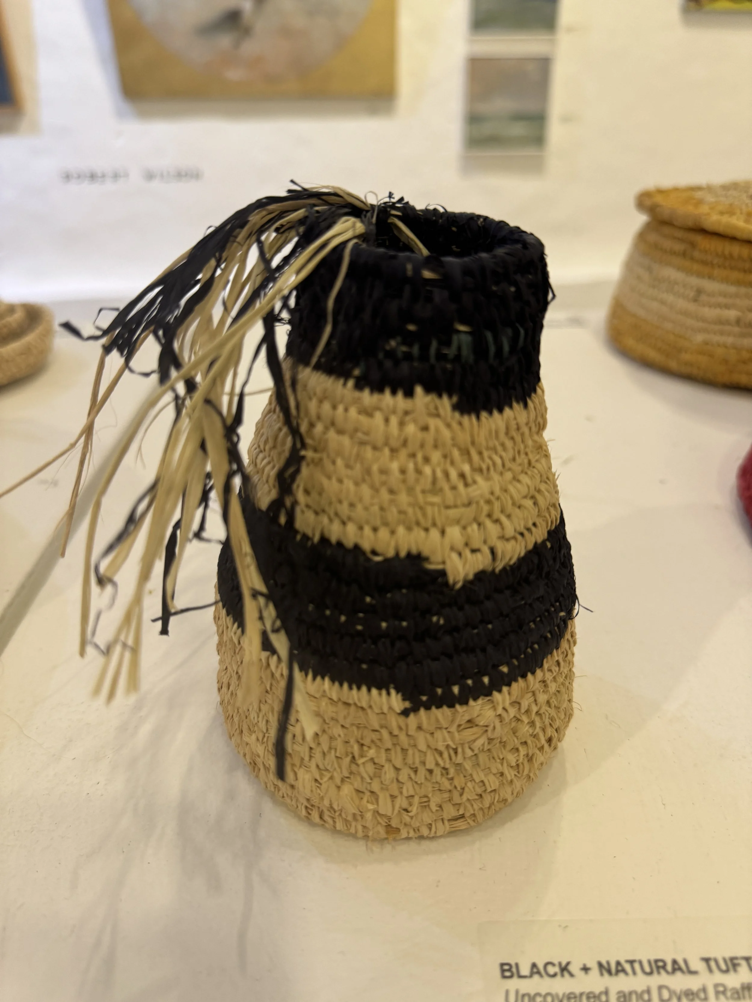 Black and Natural Tufted Vase, Uncovered and Dyed Raffia, 9 x 13cm, Cathy Charnock, $80