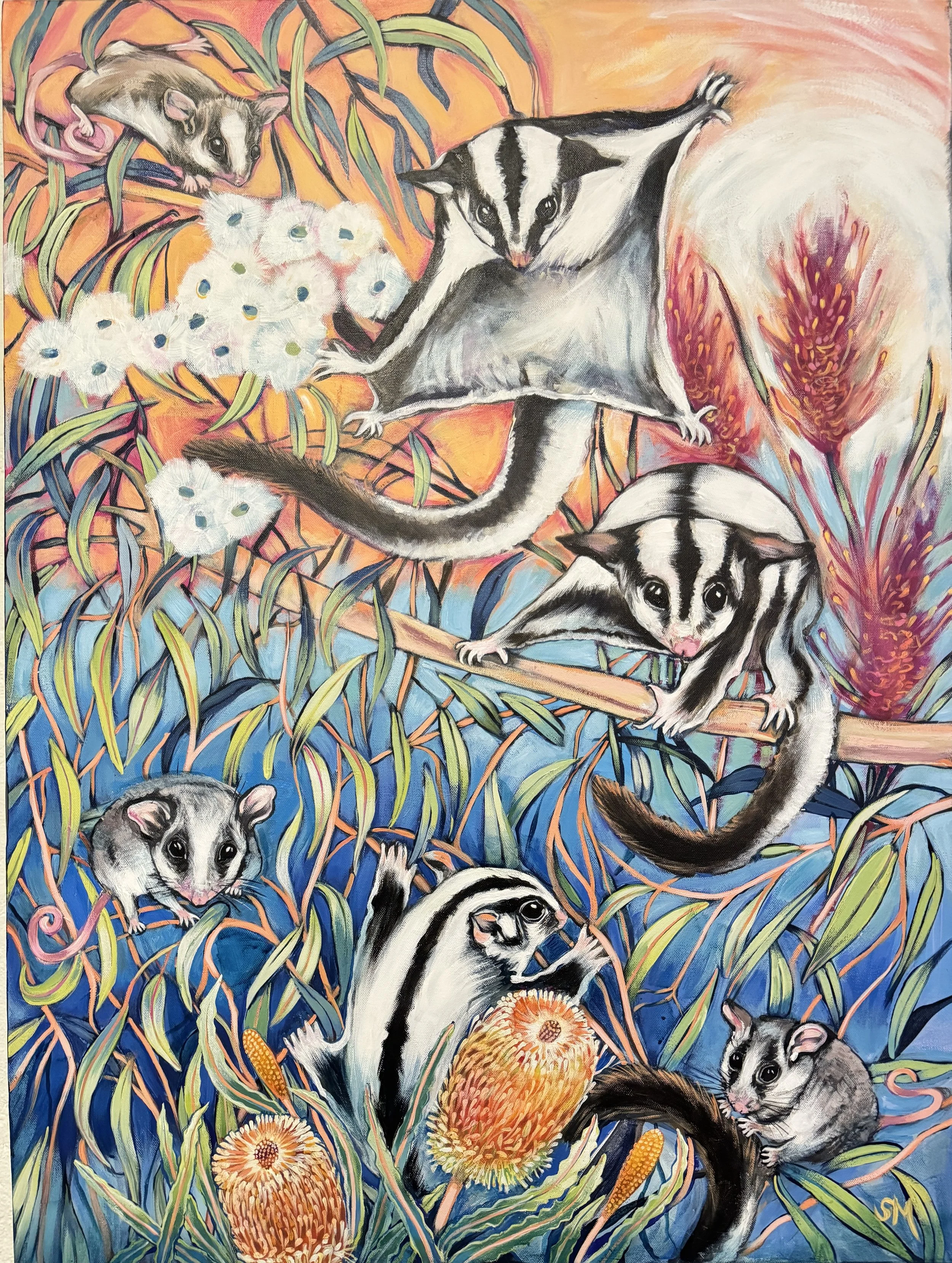 Sugar Gliders and Pygmy Possum, Oil and acrylic on canvas, 80 x 100cm, Sonja McLean, $1650