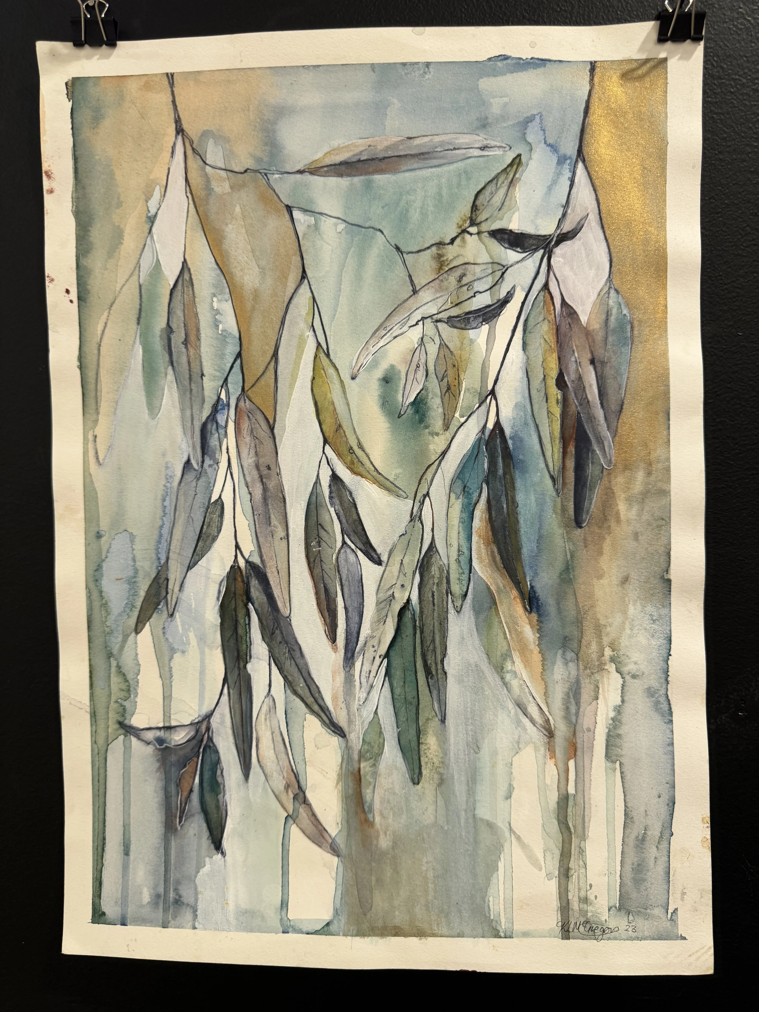 A Leaf Study in Blue and Gold, Mixed Media on Paper, 29.7 x 42cm, Kirstie McGregor, $195