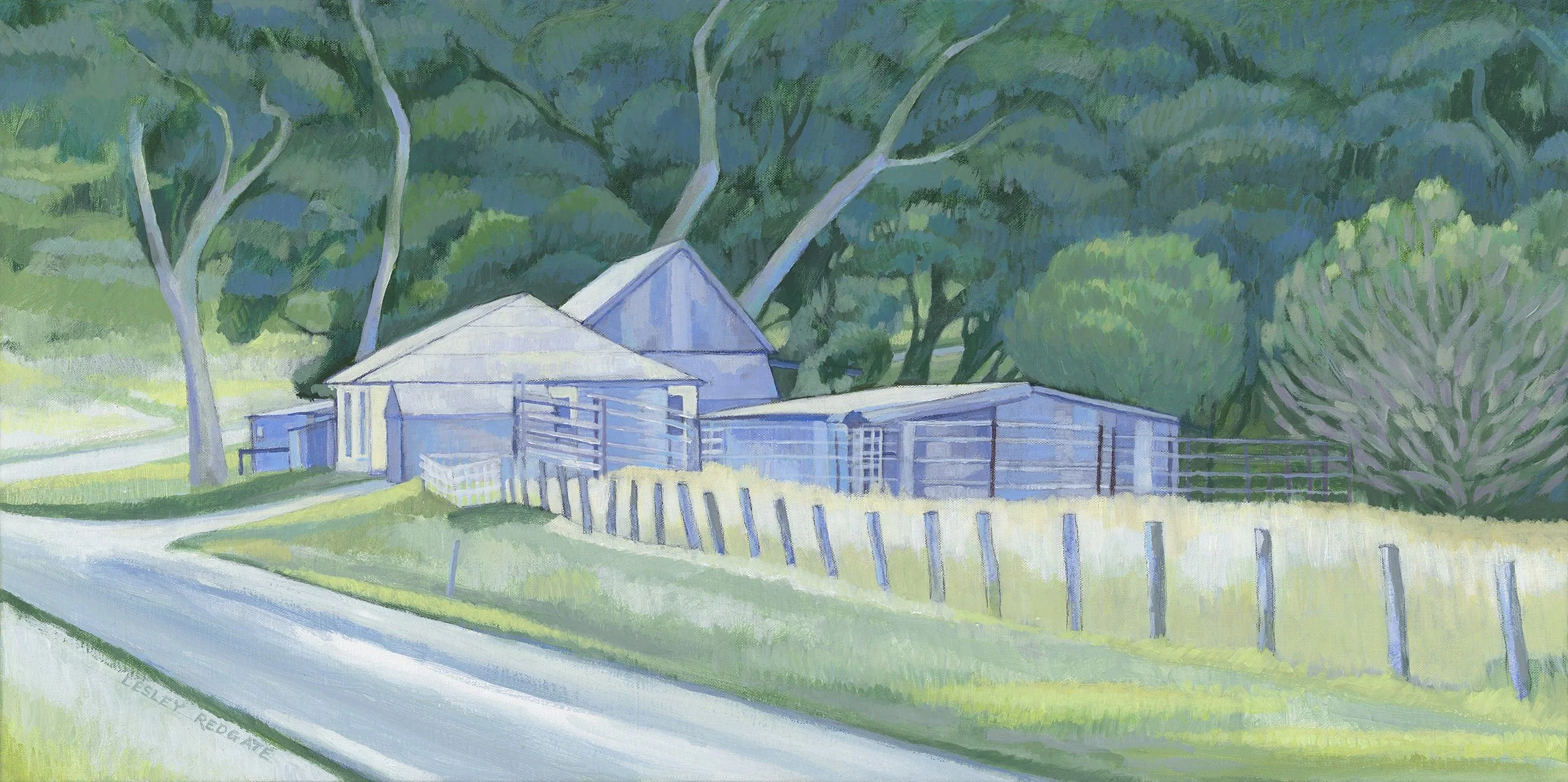  SHEDS BAKERS GULLY ROAD   Acrylic on Belgian linen  Lesley Redgate 43 x 81.5cm $4,500
