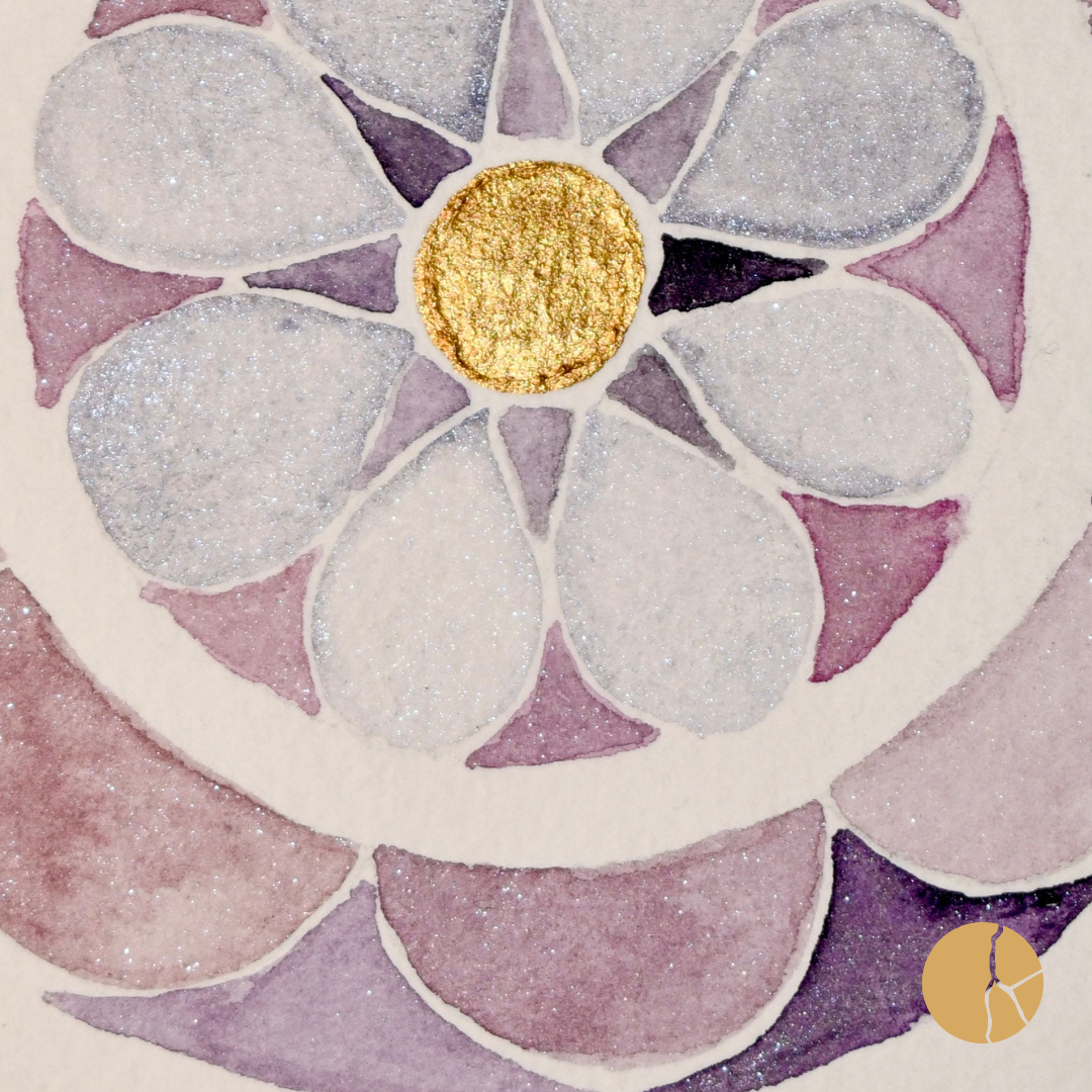  JOYFUL PATH     Watercolour, crushed amethyst, Fuchsite and Rhodonite on cotton paper    26x26cm  Sarah Kintsugi  $150