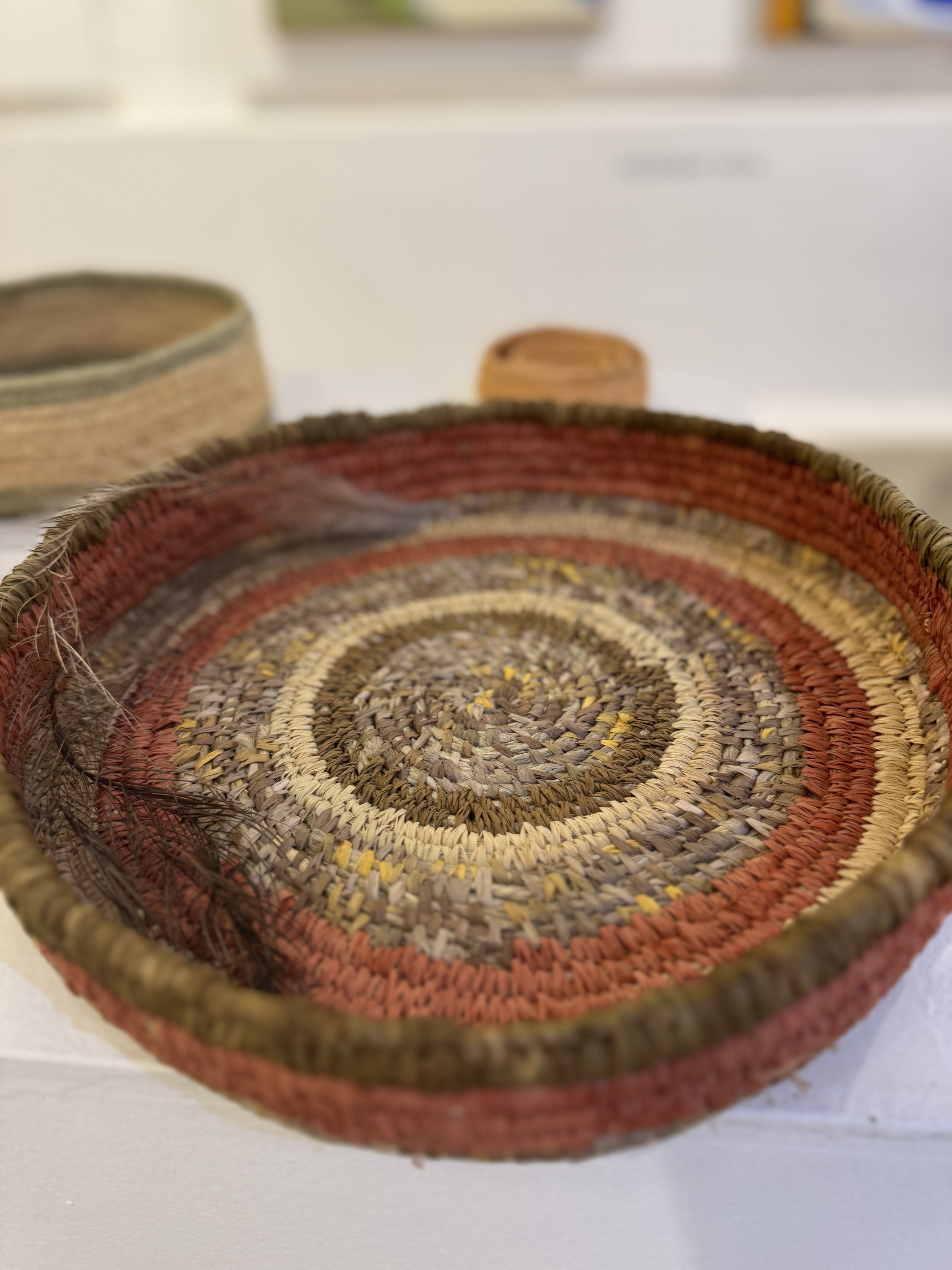 Orange, Brown and Natural Raffia Bowl, Uncoated and Dyed Raffia, 30 x 5cm, Cathy Charnock, $180