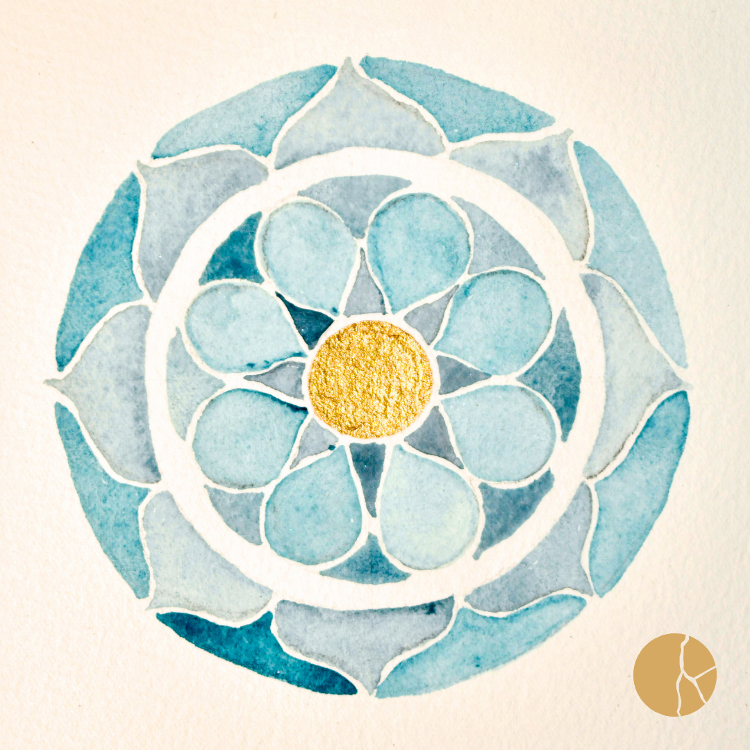  OCEAN HEALING     Watercolour and crushed apatite on cotton paper    26x26cm  Sarah Kintsugi  $150