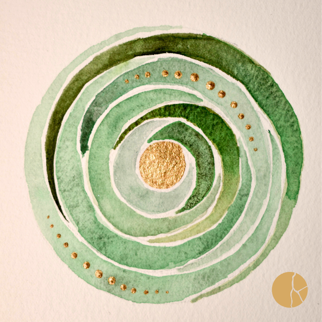  HEALING HEART     Watercolour, crushed apatite, diopside, jade and serpentine on cotton paper    26x26cm  Sarah Kintsugi  $150