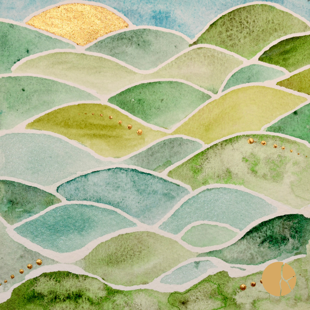  FLEURIEU HILLS     Watercolour, crushed diopside,  jade and serpentine on cotton paper    26x26cm  Sarah Kintsugi  $150
