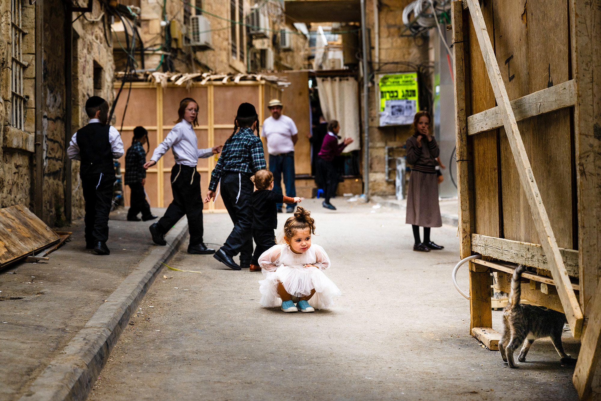 THE GIRL AND THE CAT (Meah Shearim, Orthodox Jewish neighbourhood featuring temporary Sukkahs) Pigment print on cotton rag 60 x 90cm Steve Trutwin Framed $950 Unframed $750