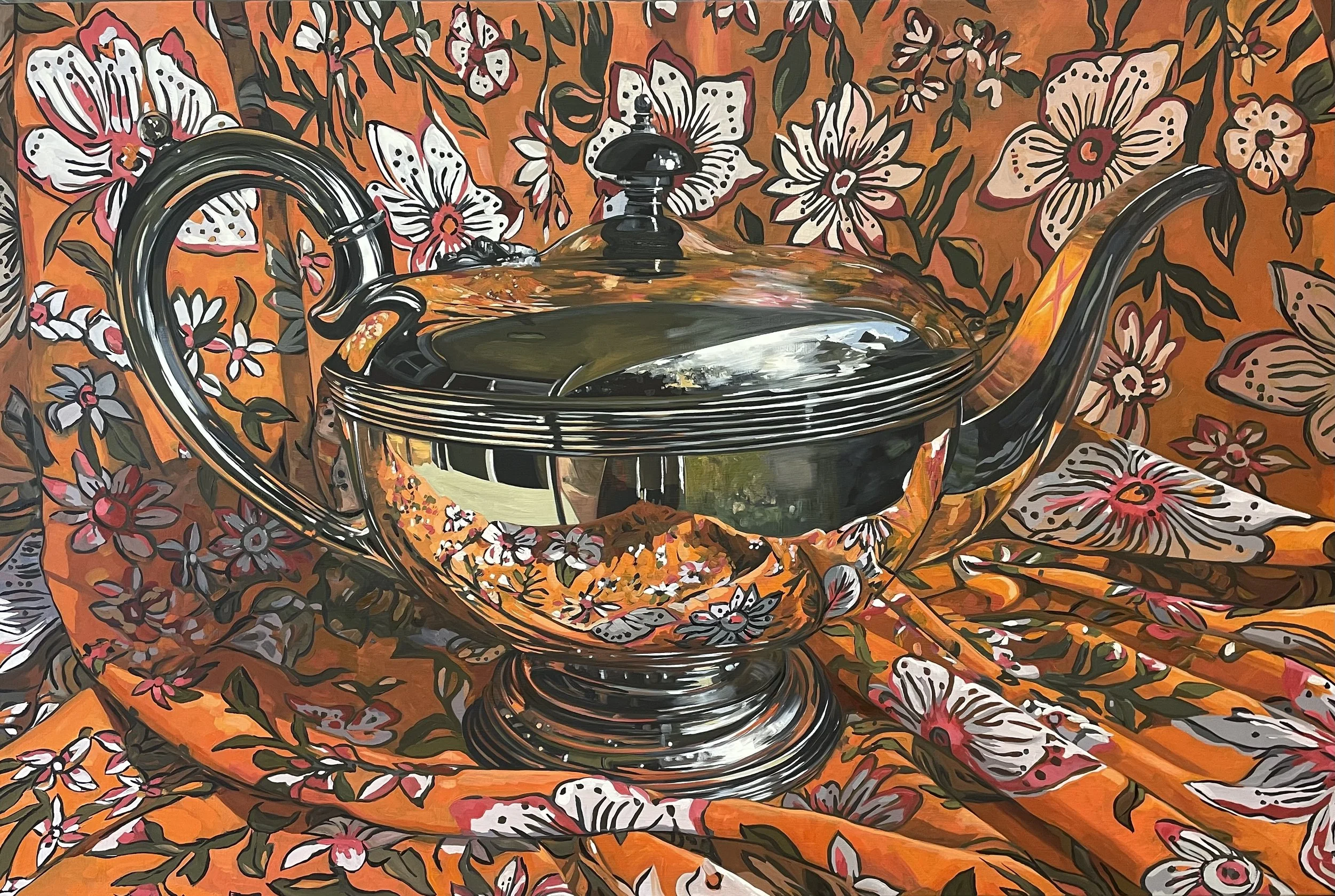 TEAPOT IN ORANGE    Oil on  linen   150x100cm  Marisha Matthews  $6500
