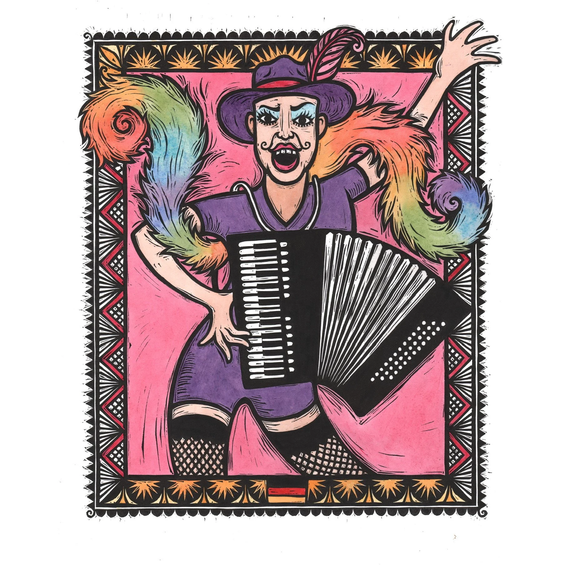  HANS     Hand coloured lino print    51x43cm  Sally Heinrich  $500