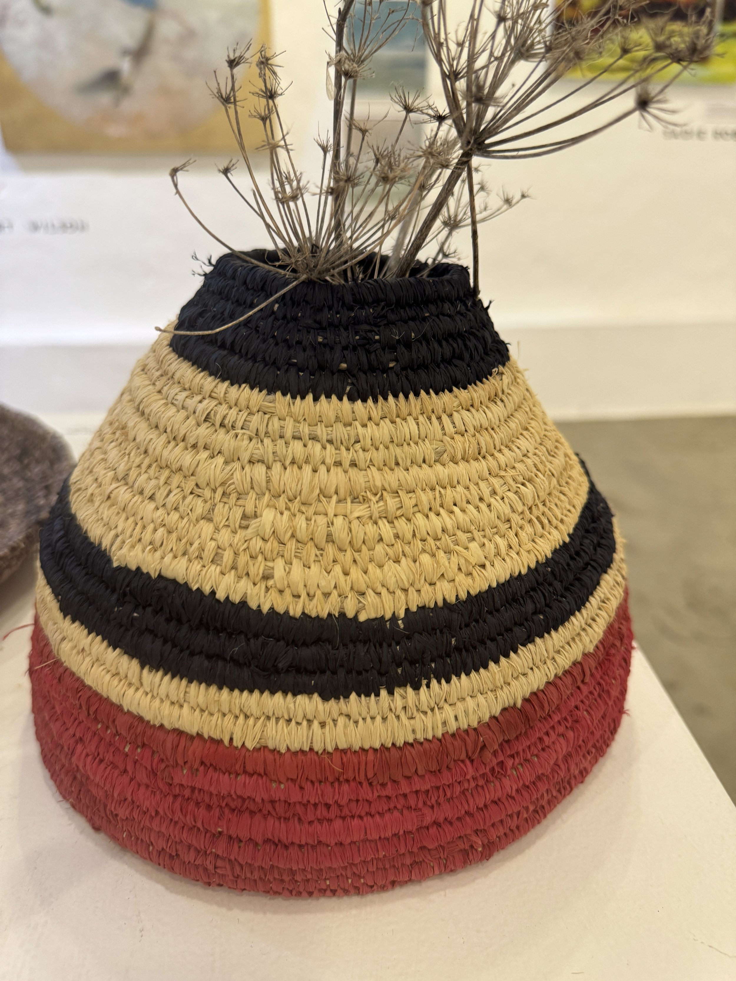 Blue, Red and Natural Raffia Vase, Uncoated and Dyed Raffia, 22 x 14cm, Cathy Charnock, $180