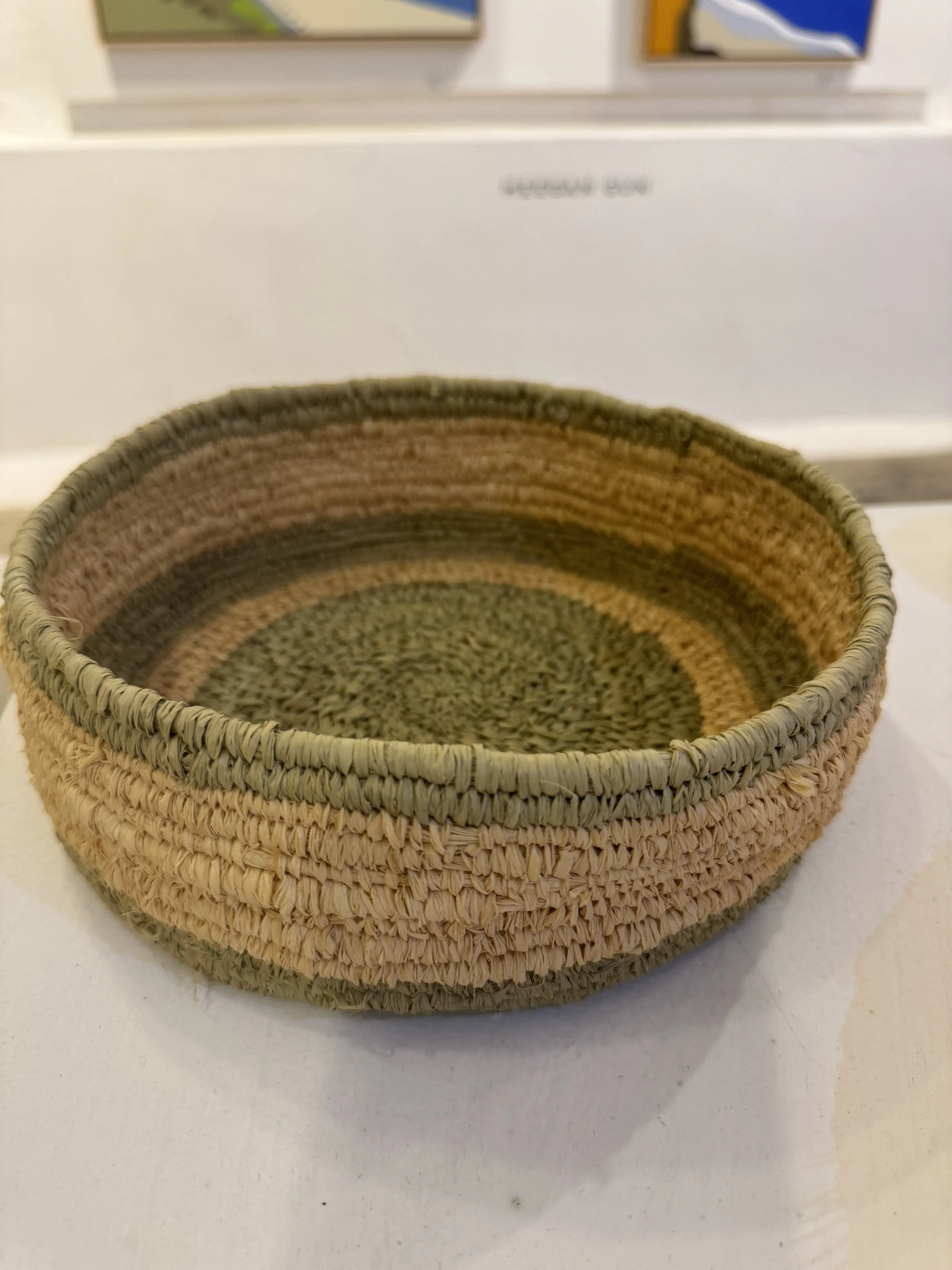 Green and Natural Basket, Uncoated and Dyed Raffia, 21 x 7cm, Cathy Charnock, $130