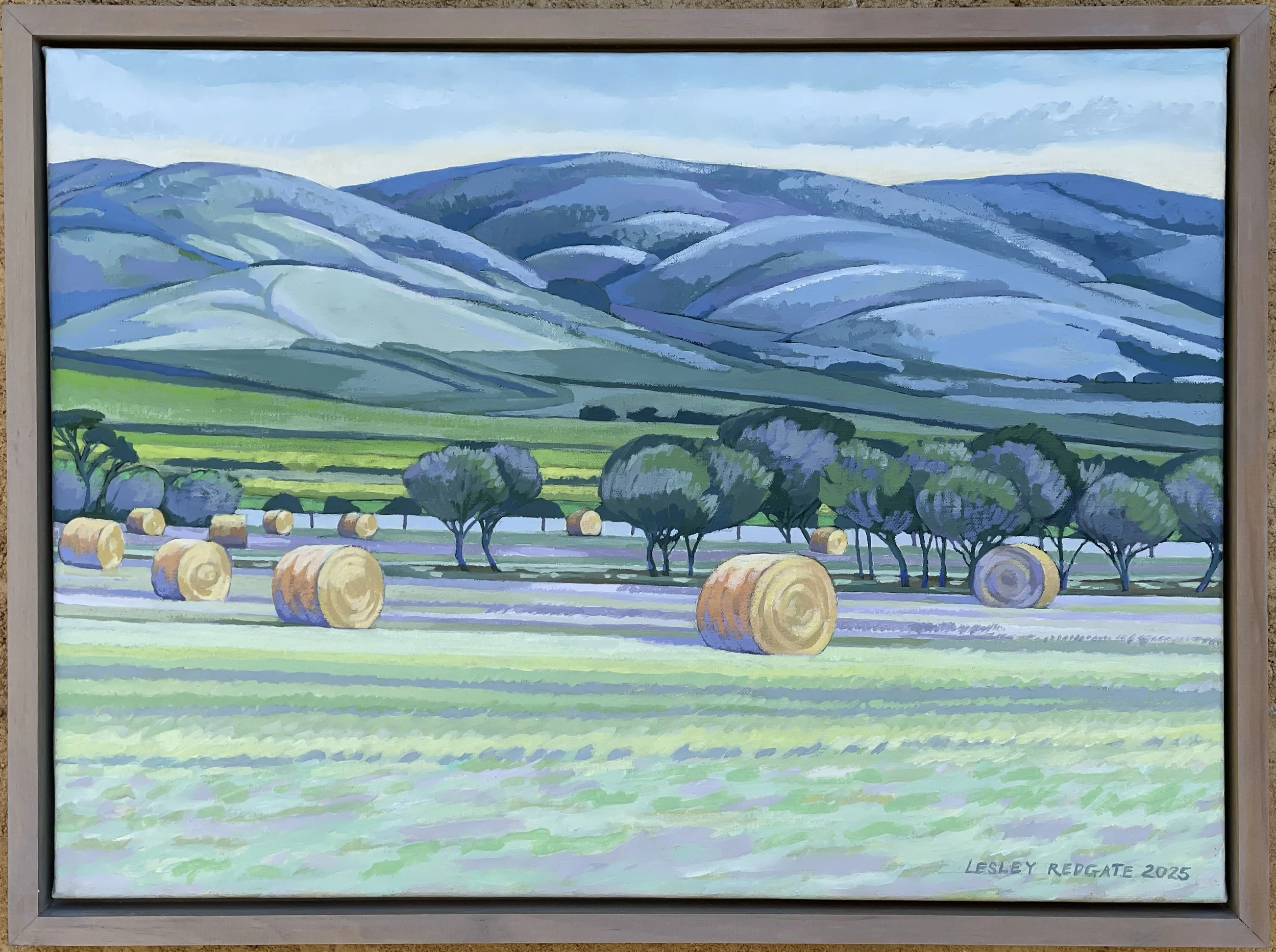  PURPLE, GREEN, ORANGE AT WHITES VALLEY   Acrylic on Belgian linen  Lesley Redgate 46 x 61cm $3,800
