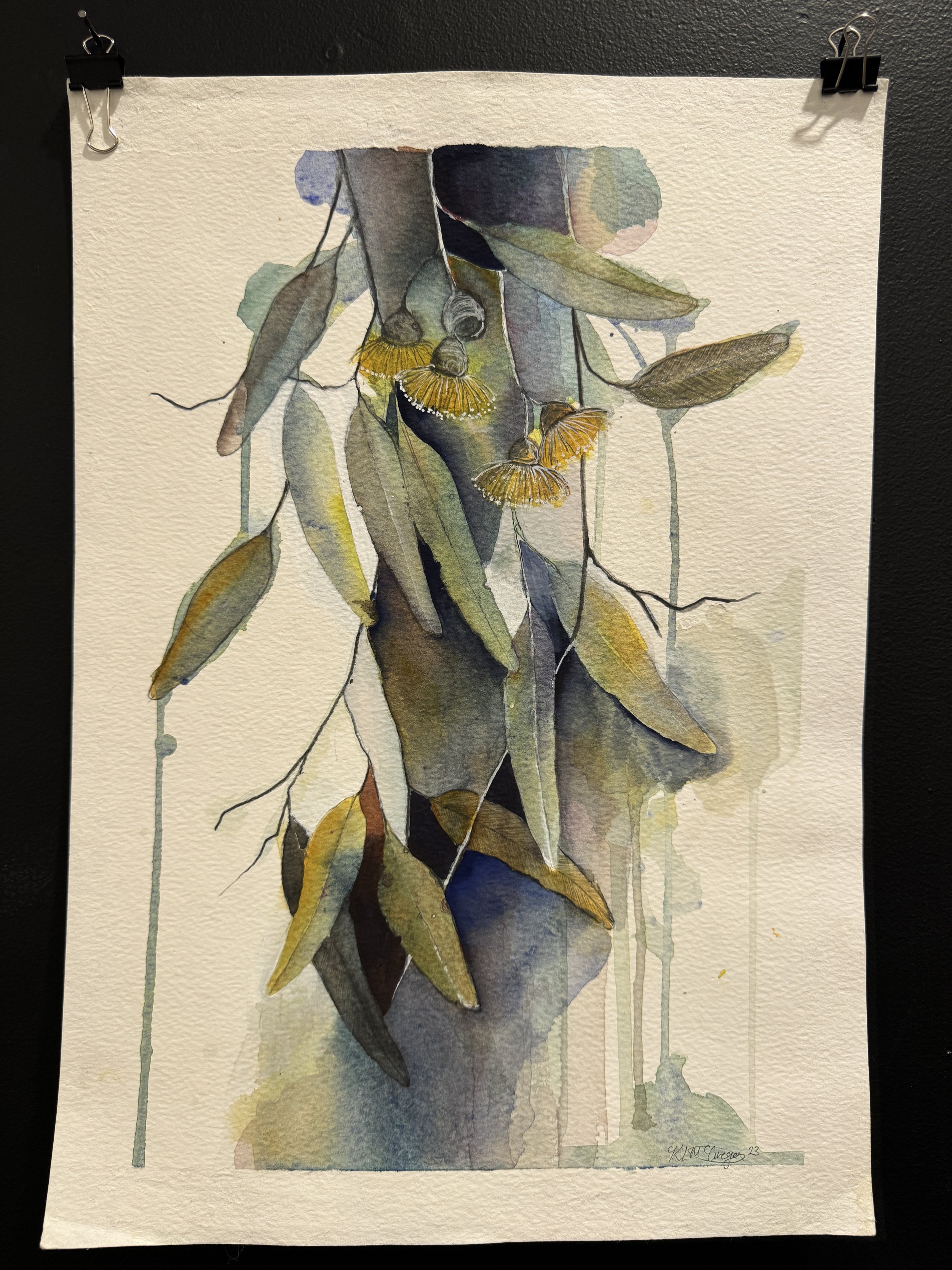 Golden Flowers and Blue Leaves, Mixed Media on Paper, 29.7 x 42cm, Kirstie McGregor, $175, SOLD