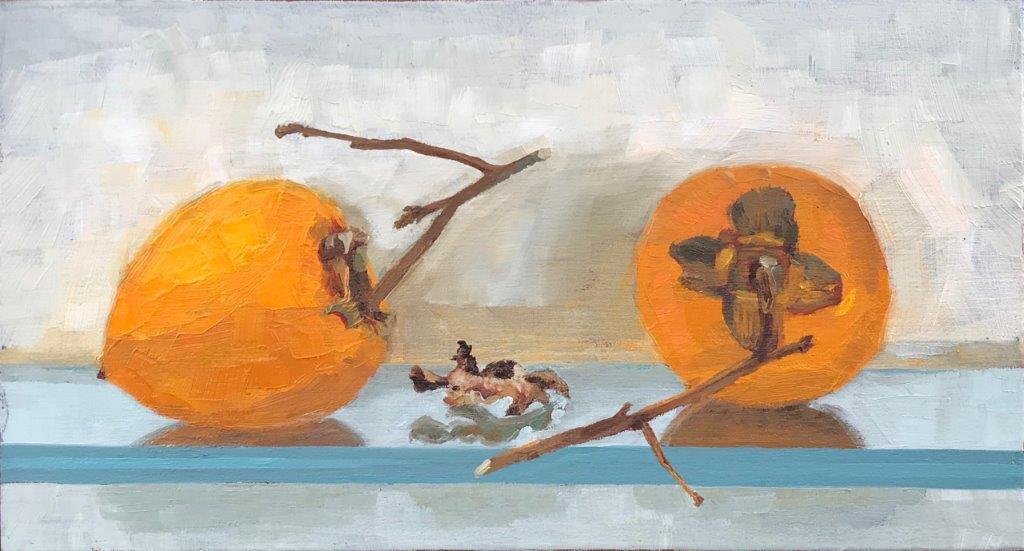 2020's Last Persimmons 2, 26 x 14cm, Oil on Board, Caroline Johnson, $150