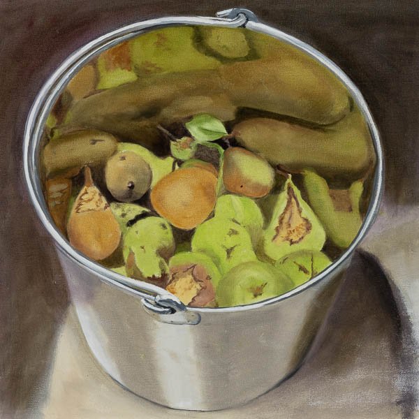 Pears Reflecting, Oil on Canvas on Board, 40 x 33cm, Caroline Johnson, $250