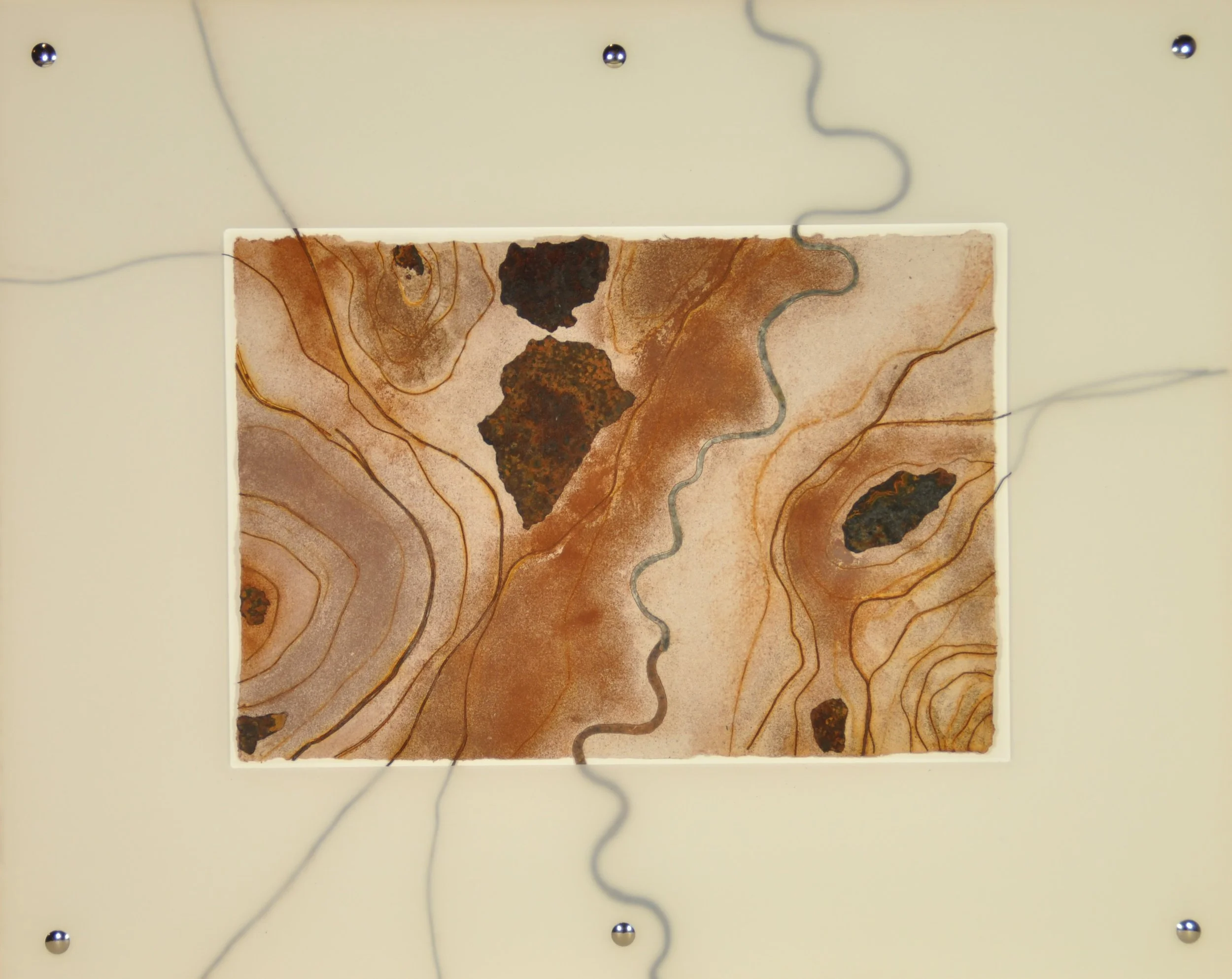  REVEALING ASPECTS    Handmade cotton paper, wire (steel, tinned copper), rust, oxides, ground siltstone   55x44cm  Catherine Hewitt  $480