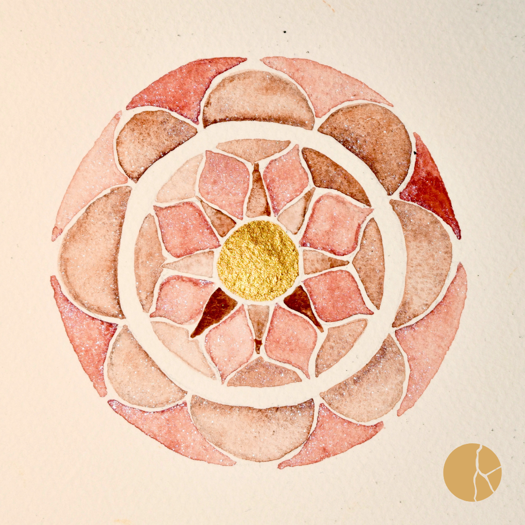  NURTURED ABUNDANCE     Watercolour, crushed fuchsite, bronzite and jasper on cotton paper   26x26cm  Sarah Kintsugi  $150