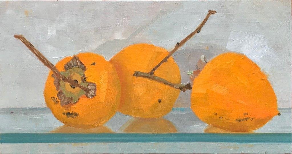 Three Persimmons 3, Oil on Wood, 12 x 22cm, Caroline Johnson, $150