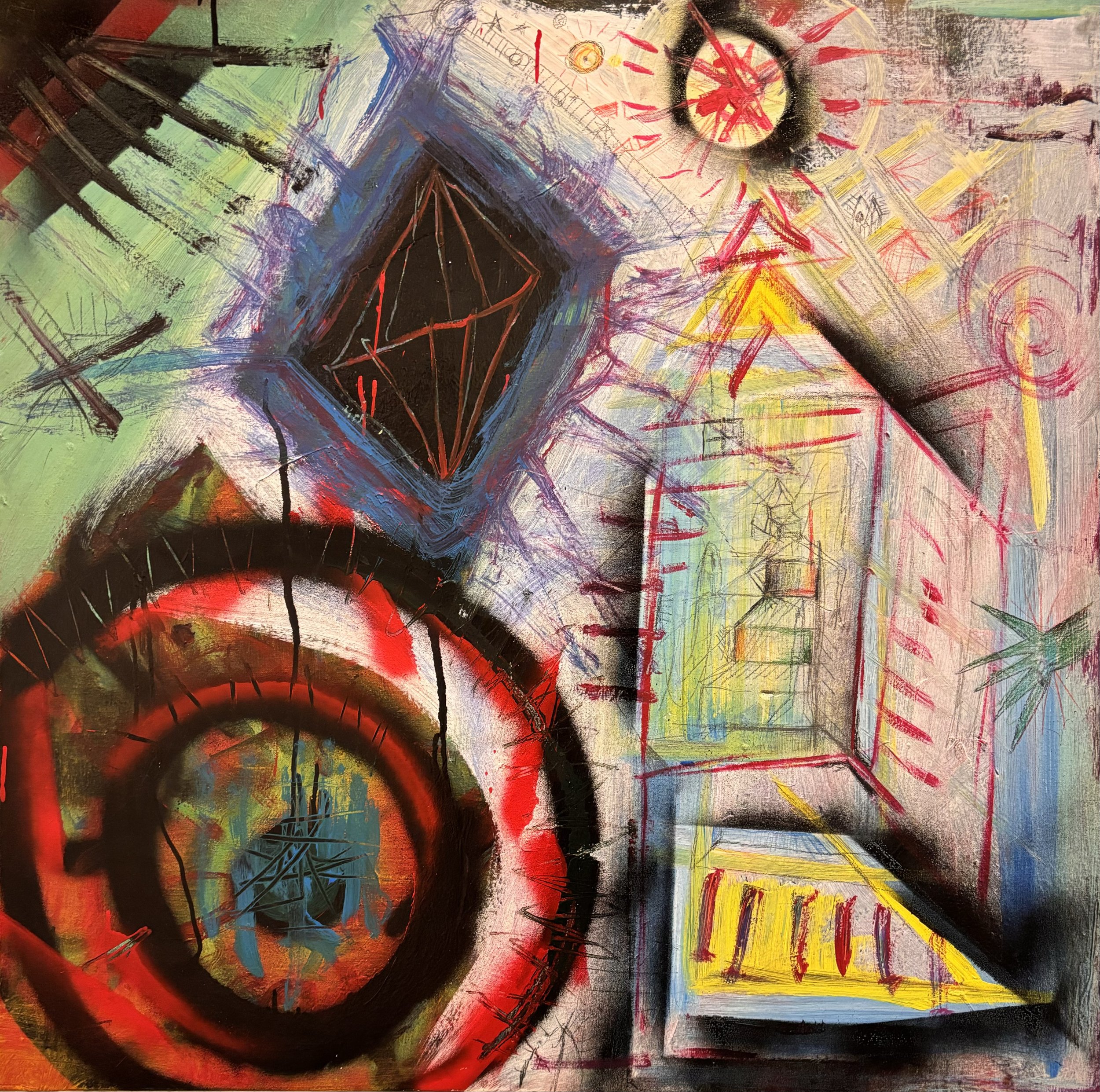 The House, Acrylic, Spray Paint + Pencil, 92 x 92cm, Chaska Glockner-Karo, $400