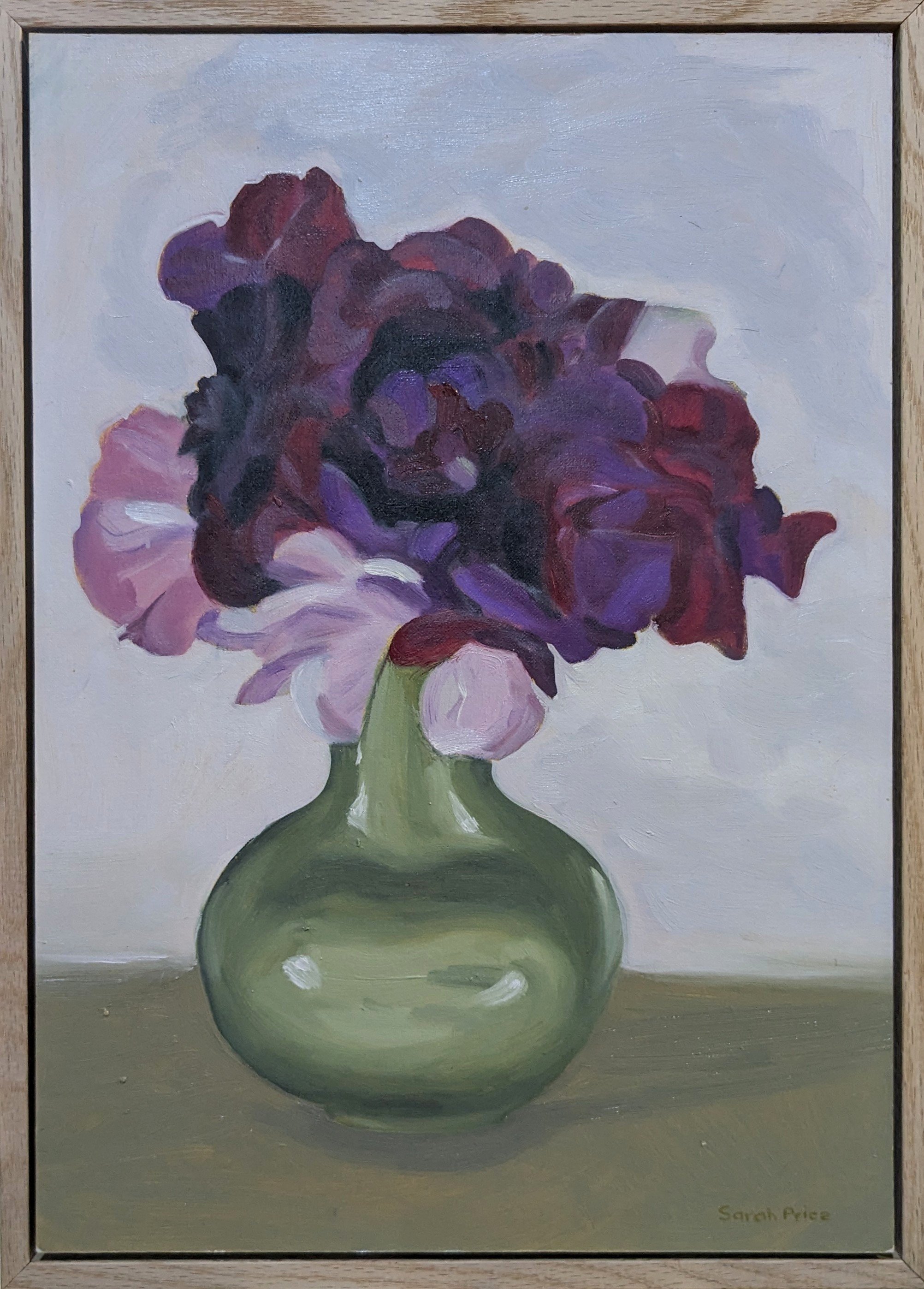 Sweet Peas in Green Vase, Oil on Canvas Board, 42 x 30cm, Sarah Price, $380