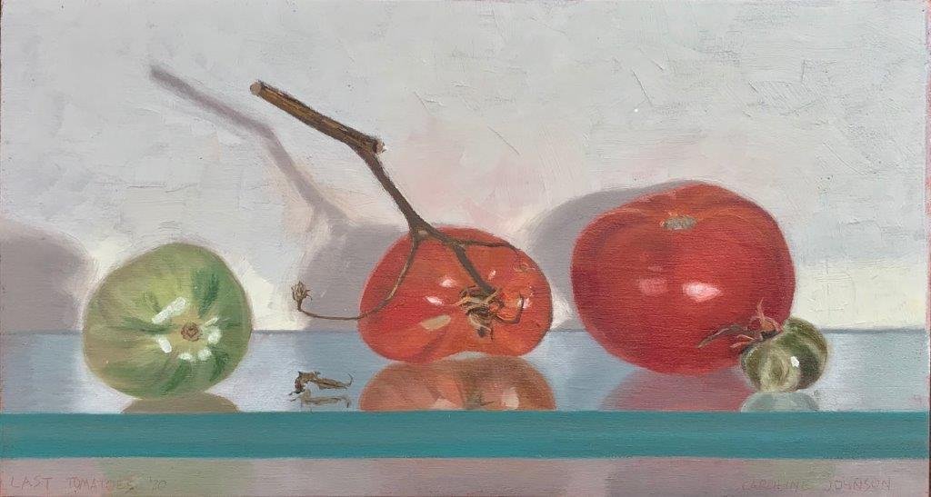 2020's Last Homegrown Tomatoes 2, Oil on Board, 26 x 14cm, Caroline Johnson, $150