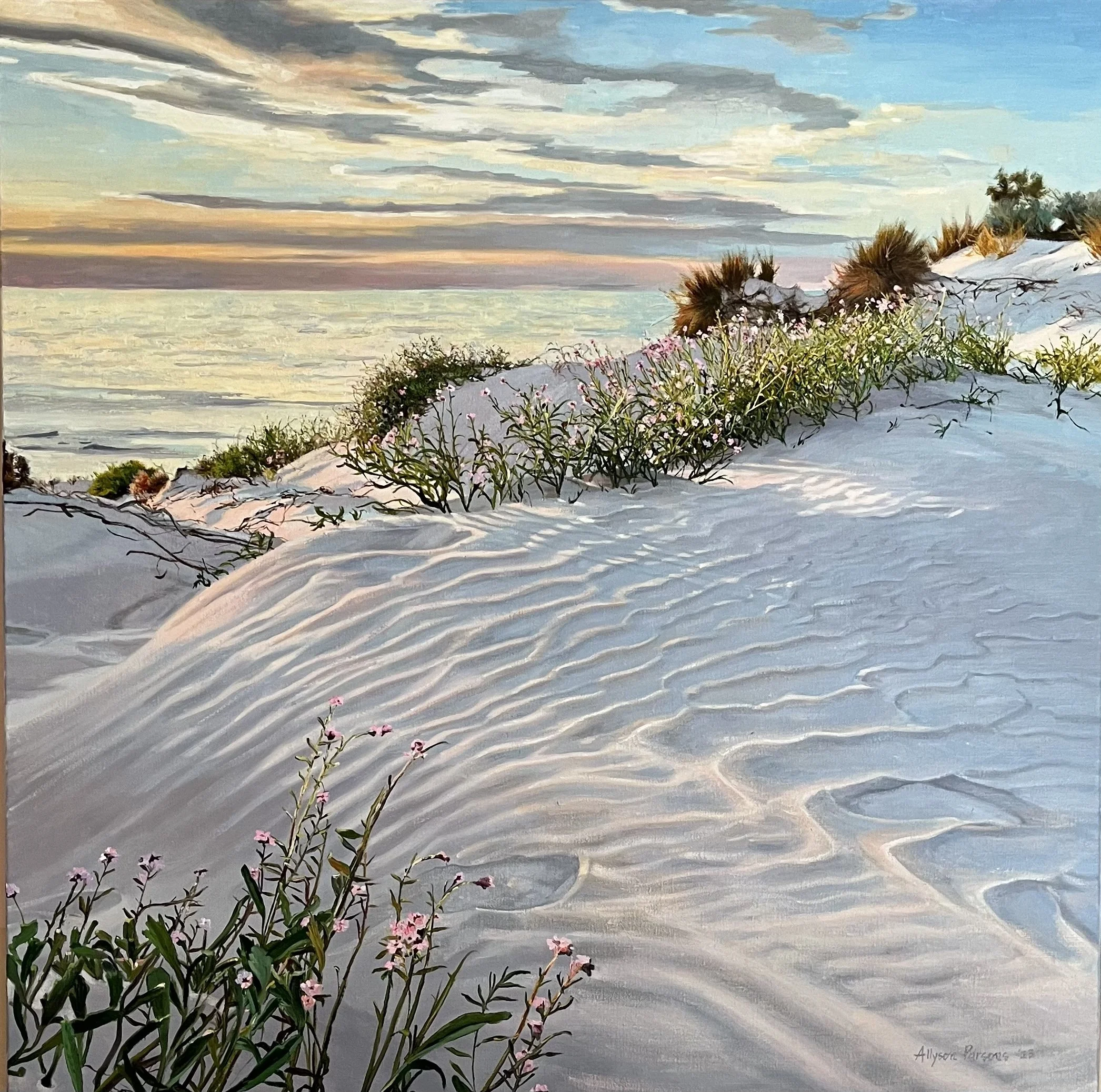 LATE AFTERNOON SANDS, COCKLE BEACH, YP, Oil on linen, 92 x 92cm, Allyson Parsons, $10,500